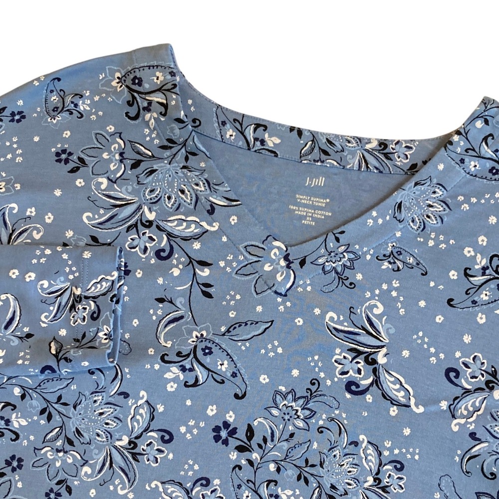 J. Jill Simply Supima V-Neck Tunic Blue Floral Paisley Cotton Top‎ XS Petite